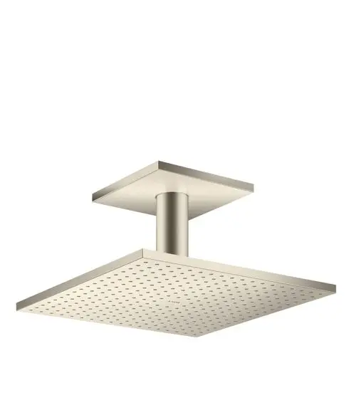 Duschkopf mit quadratischer Fläche und Deckenanschluss in brushed Nickel, gefertigt von AXOR, mit gleichmäßig angeordneten Düsen für Wasserstrahl.